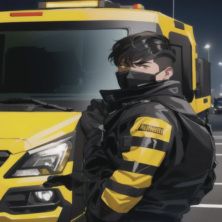 arafed man in a black and yellow uniform standing in front of a yellow truck, Interesting background, in the bottom, black and yellow, intense look, en the bottom, soft on _ the bottom, Security agent, yellow and black, bussiere rutkowski andreas rocha, by Jens Søndergaard, black and yellow scheme, basic, very high resolution
