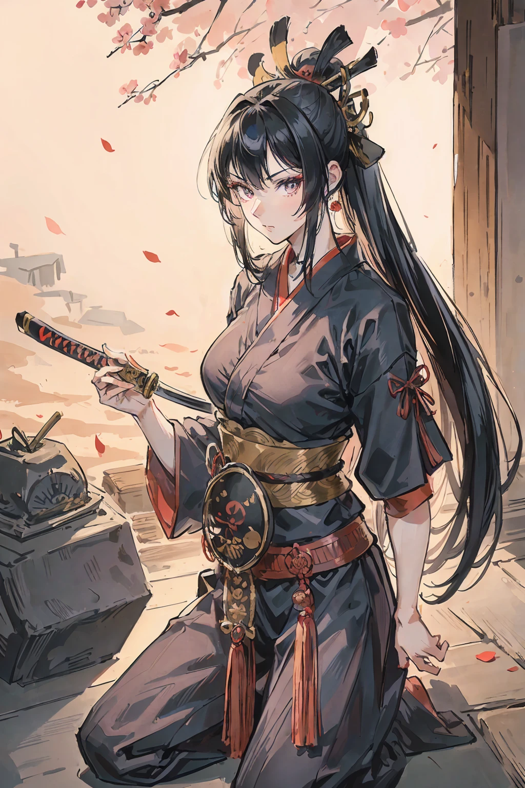 Ninjagirl, a hime haired , wearing a black ninja armor, long hair, fasion hair, samurai armor, slim body, shirt ornament, hakama, tall 165cm, 22yearold, samurai, katana, female, beautiful, sexy, wearing ninjamasks