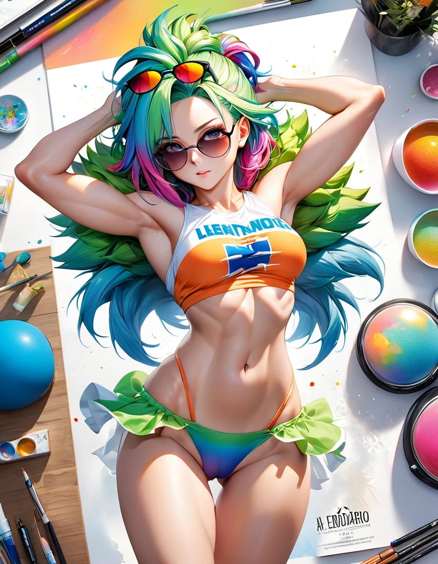 A lendario broly dbz a men with colorful hair and sunglasses, Rossdraws pastel vibrant, cgsociety, stands and shows her perfect figure to her full height, well - developed muscles, beautiful body athletic, lcolorful realism, modularity, photo realistic, ultra high quality details, great attention to the body and face, UHD, 8K , Watercolor, trending on artstation, sharp focus, studio photo, intricate details, highly detailed, in anime 2d death note