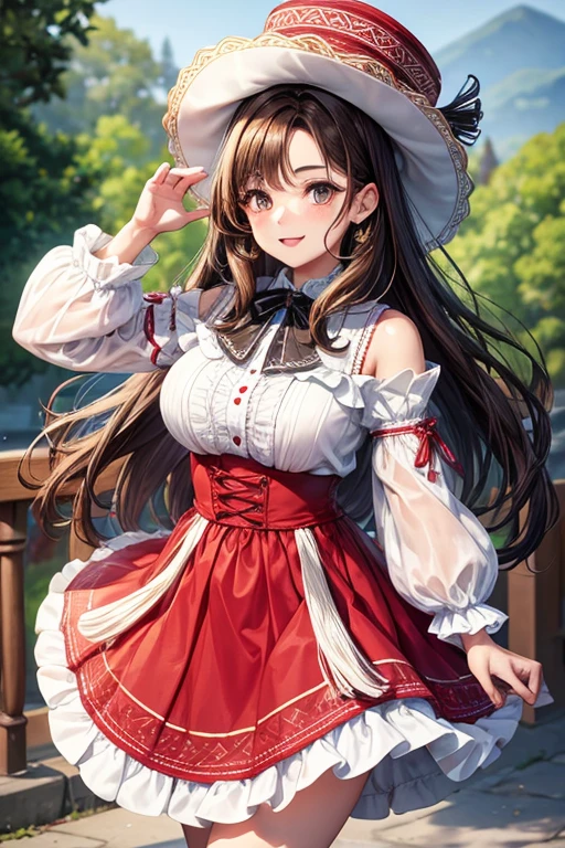 Imagine a pretty girl with wavy brown hair, caindo suavemente sobre seus ombros. Her bright, expressive eyes are a deep brown., standing out under well-defined eyebrows. Your skin is clear and radiant, with a slight natural blush on the cheeks.
She is wearing a traditional Argentine costume, famously known as "gaucho costume". This costume includes a long, full skirt, usually in vibrant colors like red, Blue or green, with white or black details. The skirt has ruffles that add movement and grace to every step she takes.. Na parte superior, She wears a long-sleeved white blouse, decorated with intricate embroidery and delicate lace. The blouse is fitted at the waist, highlighting your elegant silhouette.
Over the shoulders, she wears a shawl, famously known as "handkerchief", which can be wool or silk, with traditional patterns that complement the colors of your skirt. On the feet, She wears brown leather boots, which are both practical and elegant, suitable for traditional dances such as tango or Argentine folklore.
Para completar o visual, she wears a felt hat, common in gauchos clothing, which protects from the sun and adds a touch of authenticity to the outfit. Your lips are painted soft red, matching perfectly with the set, and a charming smile lights up your face, reflecting the confidence and joy of someone who is proud of their cultural roots.