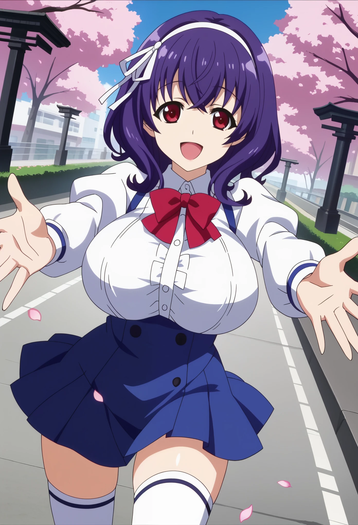 score_9, score_8_up, score_7_up, source_anime, anime screencap, BREAKtomo yamanobe, 1girl, purple hair, medium hair, red eyes, huge breasts, hairband, hair ribbon, happy, smile, open mouth, blue dress, white shirt, red bowtie, long sleeves, blue skirt, white thighhighs, dutch angle, looking at viewer, outstretched arms, cherry blossoms, falling petals, city, road, spring \(season\)