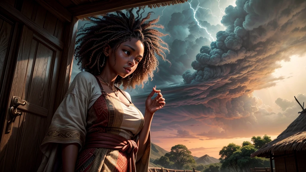 describe a scene of a black woman with curly hair, in red clothes around a storm, she is flying, her presence radiates authority and grace. She is flying and dressed in flowing clothes of deep red, the color that symbolizes her fiery spirit and power over the elements. The red robes swirl around her as if she were dancing in the wind, enhancing her majestic and dynamic appearance. In her right hand, the woman wields a curved dagger that shines with a polished finish. the dagger adorned with intricate carvings and vibrant colors, including shades of red and gold. Around her there are hurricanes and storms, lightning and turbulent winds and lightning highlighting her role as a symbol of her strength and transformative power. The bow is held high, its graceful curve reflecting the turbulent winds and intense energy of the storm around it. The sky is a dramatic tableau of dark, swirling clouds, lit by frequent, irregular flashes of lightning. The storm blows with strong winds, which whip the forest, causing the trees and foliage to sway and rustle. Lightning flashes intermittently, casting an ethereal glow that accentuates the intensity of the scene. The woman stands next to a humble African-style hut that stands proudly in the midst of a dense, lush African forest. The hut is made with traditional materials, showing the simplicity and elegance of Yoruba architecture. The structure features walls made from palm leaves and mud, providing natural insulation and blending perfectly with the surrounding environment. The thatched roof, composed of dried palm leaves, is expertly layered to create a strong and protective covering. The exterior of the hut is adorned with vibrant, hand-painted patterns and symbols in earthy tones and traditional motifs that reflect Yoruba art and spirituality. The entrance is framed by wooden posts and a simple beaded curtain hangs over the door, adding decor and functionality. The cabin's surroundings are lush with tropical foliage,