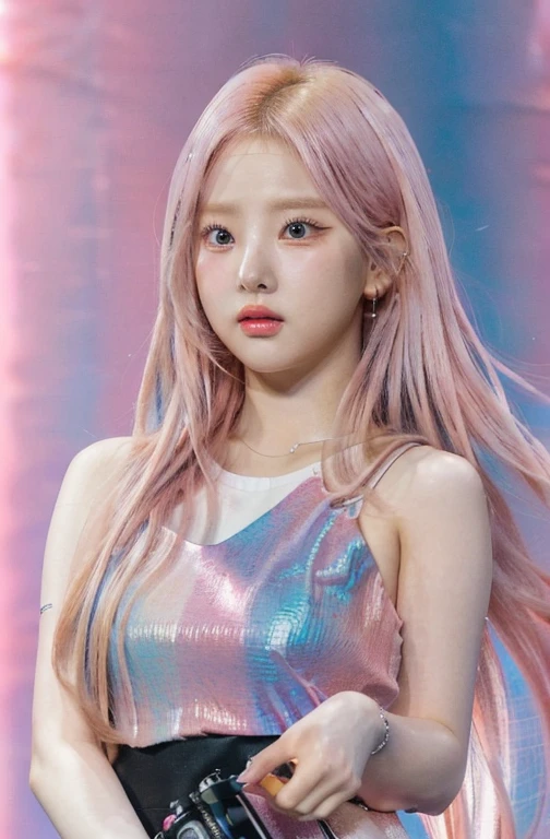 a close up of a person holding a camera near a body of water de ojos celeste, roseanne park of blackpink, tzuyu from twice, with pink hair, flowing pink hair, jossi of blackpink, long flowing pink hair, korean girl, light pink hair, beautiful south korean woman, portrait of jossi of blackpink, yanjun chengt, light pink hair with pink flames