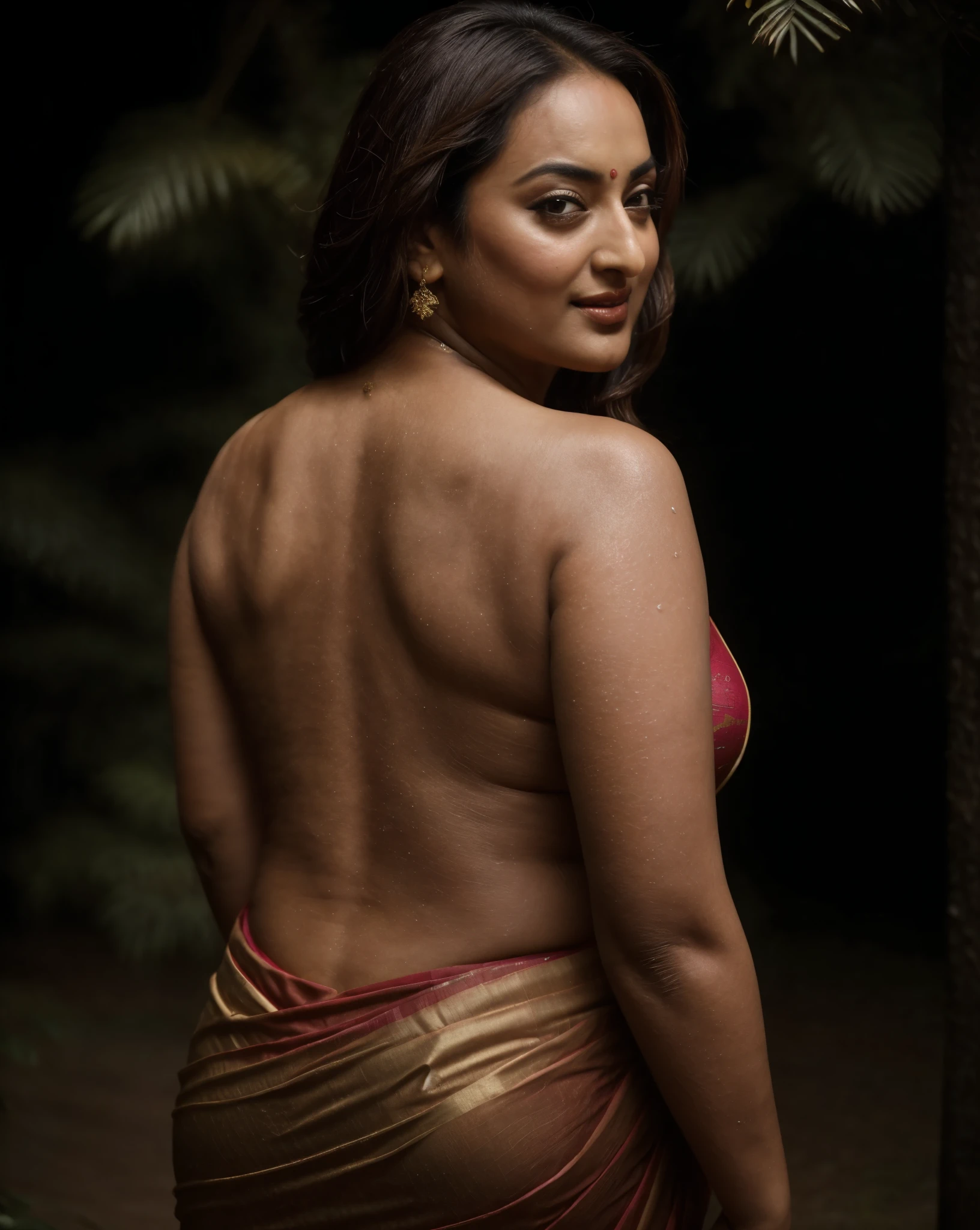 Sexy lady flaunts her sexy bare back, attractive feminine curve, Foto RAW, photorealistic, photography, full body shot, master shot, perfect eyes, goddess like beauty, pierced eyes, perfect thick chubby mallu Desi aunty bhabhi, Wearing a Stanapatta, a chest-band.Saree model, model Photography, Indian saree shoot, Indian traditional wear advertising photography, traditional wear brand shoot, face of Indian actress Sonakshi Sinha, masterpiece, realistic, realism, incredible details, pleasure, photorealism, detailed skin, skin pores, high contrast, photorealistic Artstation 8k HD digital art trend of high definition and detailed realistic skin texture, ultra detail, realistic skin texture, armature, best quality, ultra high definition, (photorealistic:1.4),, high resolution, detail, raw photo, sweat, Re sharp, by Lee Jefferies Nikon D850 Film Stock Photo 4 Kodak Portra 400 Camera F1.6 Lens Rich Color Ultra Real Realistic Realistic Textures Dramatic Lighting Unreal Engine Trending at Art Station Cinestill 800,(pele altamente detalhada: 1.2), 8k UHD, DSLR, soft-lighting, alta qualidade, grain of film, Fujifilm XT3,she didn't like to wear blouse or bra, she is happy to wear only saree, she hates blouse or bra, detailed hairy armpits, hyper realistic skin, skin pores, sweat, veins, The open back looks attractive in a saree without a blouse, appealing figure, appealing body language, her full body is drenched in oil which makes her Hot sensual, aesthetics,