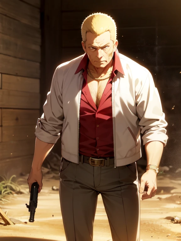 (Ultra-high resolution), (masterpiece), (Attention to detail), (high quality), (最high quality), One Man, (Teppei Hojo), Middle-aged men, elder, Blonde, (Iris), Chin, Gold Necklace, (Western Cowboy), (fringed leather jacket), straw hat, Chaps, Western Boots, big buckle belt, Showdown scene in the wilderness, Cowboy standing in the dust, The moment he was about to pull out his gun, Dust in the wind