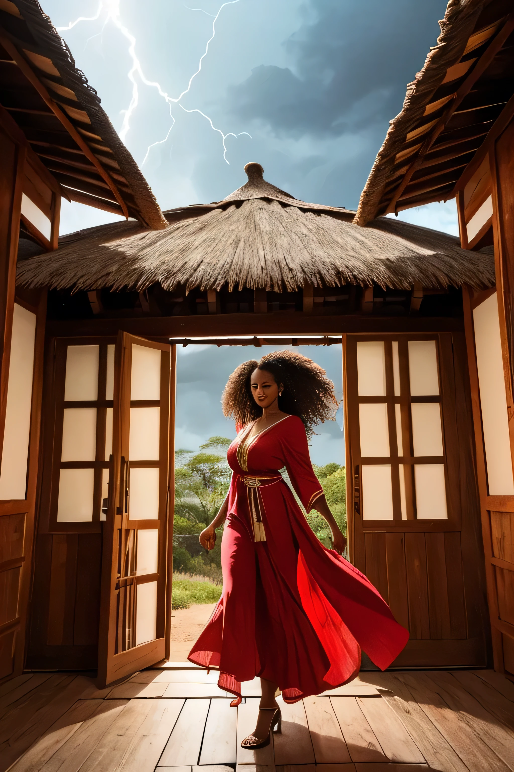 the woman: describe a scene of a black woman with curly hair, in red clothes around a storm, she is flying, her presence radiates authority and grace. She is flying and dressed in flowing clothes of deep red, the color that symbolizes her fiery spirit and power over the elements. The red robes swirl around her as if she were dancing in the wind, enhancing her majestic and dynamic appearance. In her right hand, the woman wields a curved dagger that shines with a polished finish. the dagger adorned with intricate carvings and vibrant colors, including shades of red and gold. Around her there are hurricanes and storms, lightning and turbulent winds and lightning highlighting her role as a symbol of her strength and transformative power. The bow is held high, its graceful curve reflecting the turbulent winds and intense energy of the storm around it. The sky is a dramatic tableau of dark, swirling clouds, lit by frequent, irregular flashes of lightning. The storm blows with strong winds, which whip the forest, causing the trees and foliage to sway and rustle. Lightning flashes intermittently, casting an ethereal glow that accentuates the intensity of the scene.
The woman stands next to a humble African-style hut that stands proudly in the midst of a dense, lush African forest. The hut is made with traditional materials, showing the simplicity and elegance of Yoruba architecture. The structure features walls made from palm leaves and mud, providing natural insulation and blending perfectly with the surrounding environment. The thatched roof, composed of dried palm leaves, is expertly layered to create a strong and protective covering.
The exterior of the hut is adorned with vibrant, hand-painted patterns and symbols in earthy tones and traditional motifs that reflect Yoruba art and spirituality. The entrance is framed by wooden posts and a simple beaded curtain hangs over the door, adding decor and functionality. The cabin's surroundings are lush with tropical foliage,