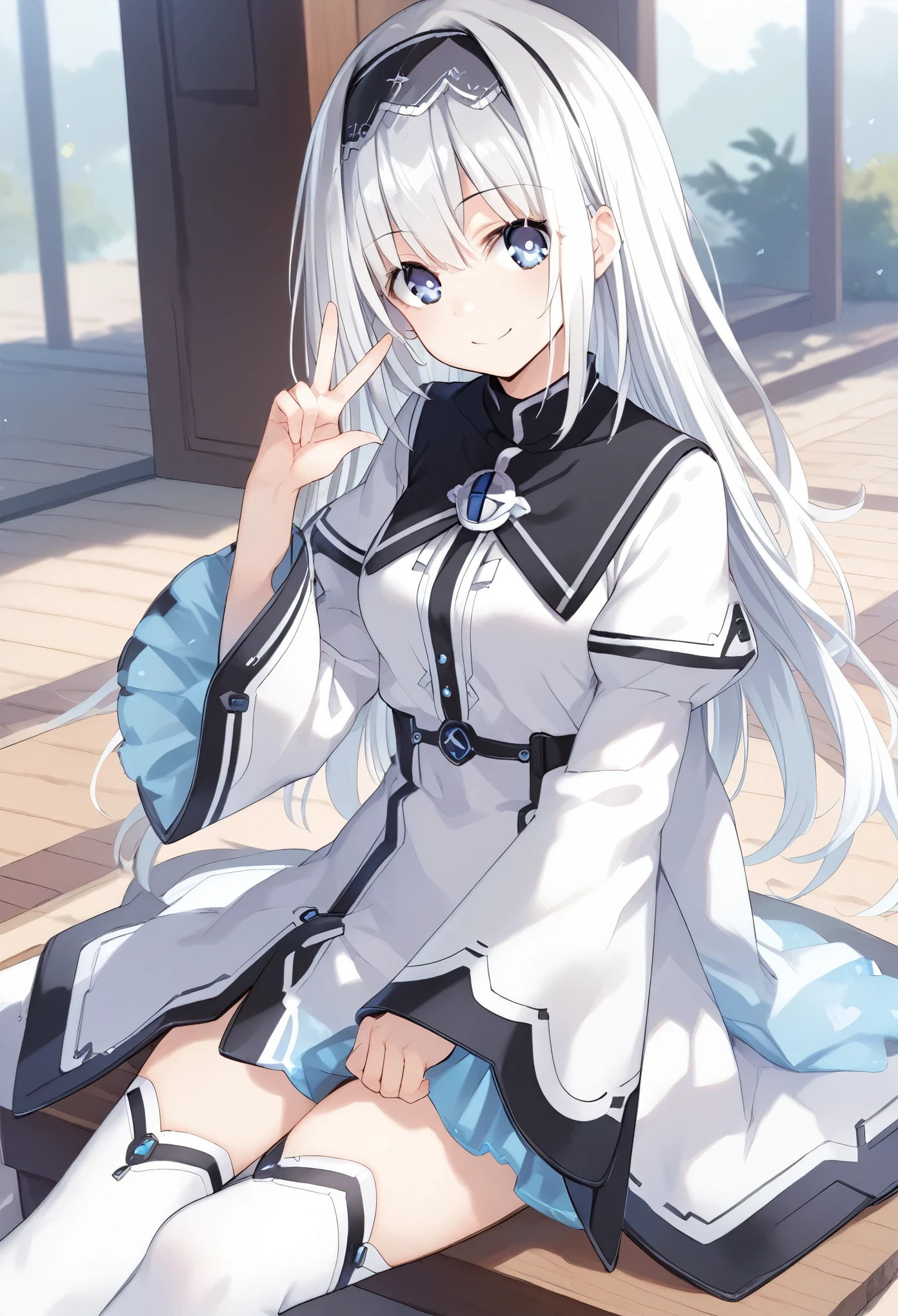 score_9, score_8_up, score_7_up,
arusu maria,1girl, solo, long hair, blue eyes, white hair,hair between eyes,white dress,white thighhighs, long sleeves, wide sleeves,black hairband, crossed legs, peace pose, smiling, side angle, ass, sit, floor