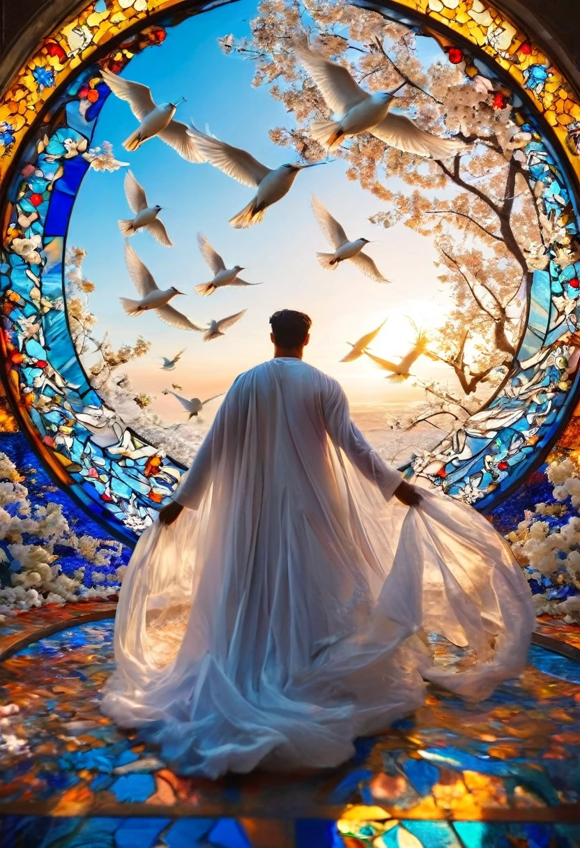 stunning photography of a handsome hunk arab men, with a long veil with intricate details,((loincloth)),((he is spinning)),extended arms, in a beautiful rounded stained glass floor,((massive white birds flying around him)),a oniric blue sky,dreamy atmosphere,dynamic shadows,warm contrast,masterpiece,trending on pinterest