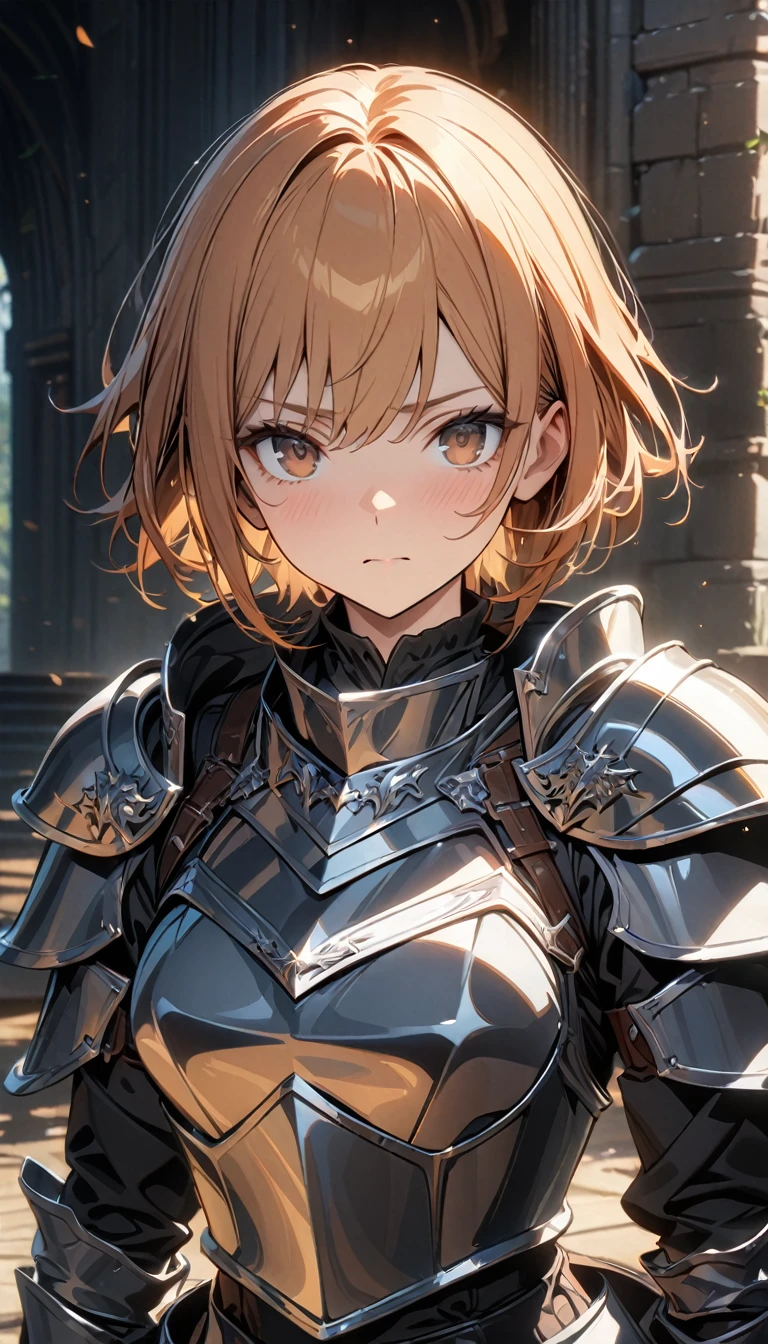 Adult female, short ginger hair, brown eyes, knight armor, Masterpiece, best quality, Full HD, 8k, ultra details, great graphic