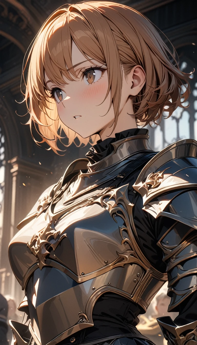 Adult female, short ginger hair, brown eyes, knight armor, Masterpiece, best quality, Full HD, 8k, ultra details, great graphic