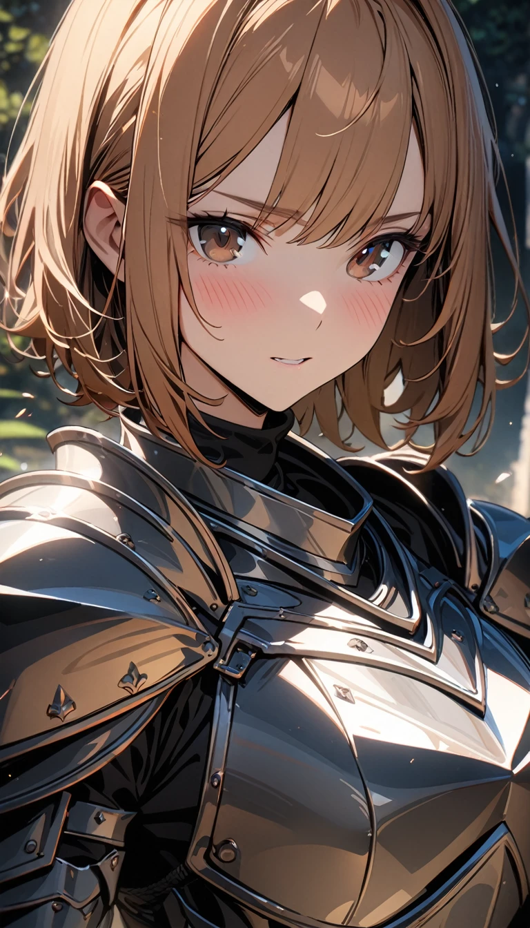 Adult female, short ginger hair, brown eyes, knight armor, Masterpiece, best quality, Full HD, 8k, ultra details, great graphic