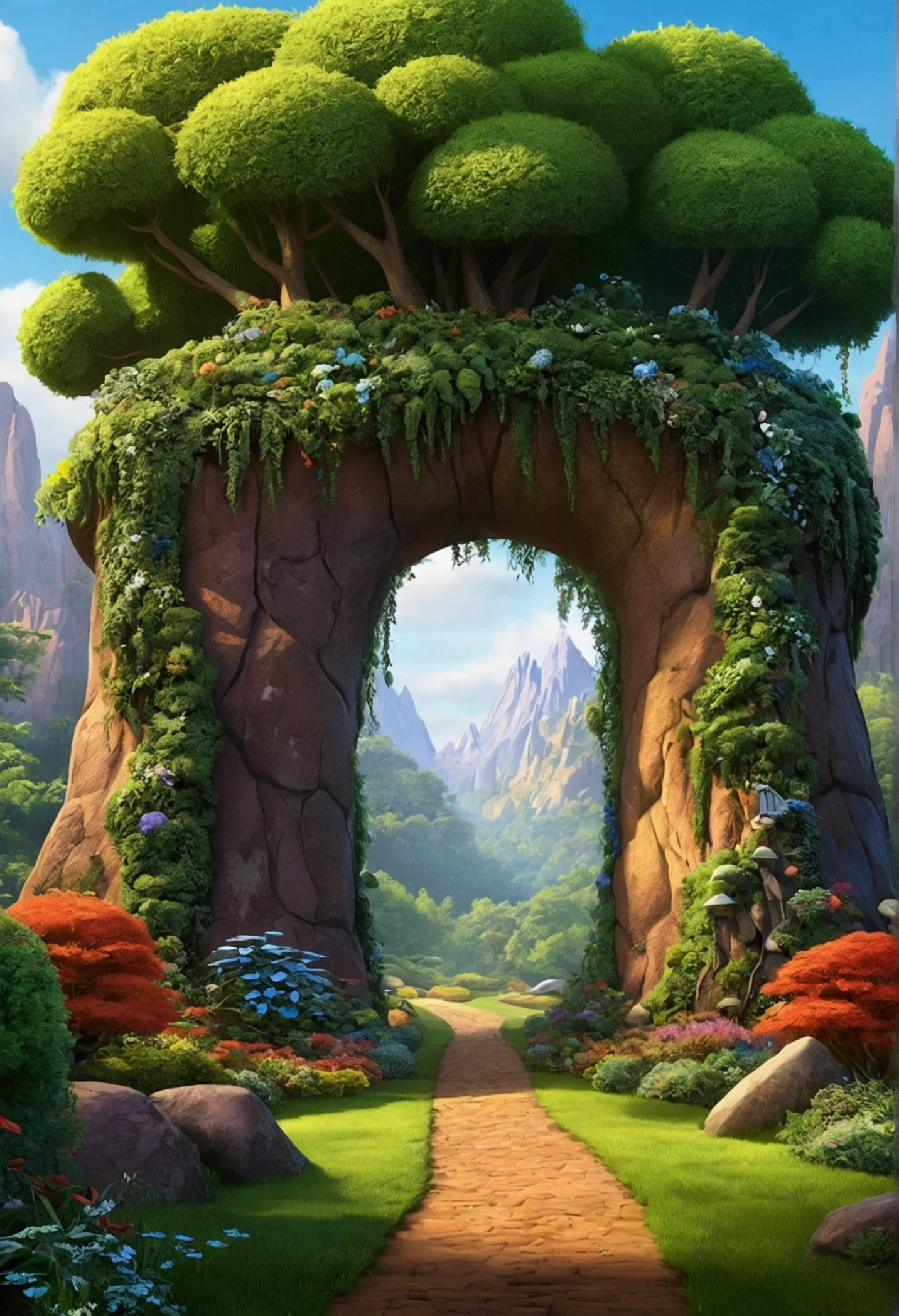 Create a Disney Pixar-inspired poster with a large wall, behind the nature wall, forst