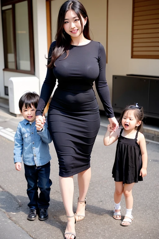 Japanese woman, super huge breasts, wearing a tight dress, with her family full body, sexy dress, milf hot