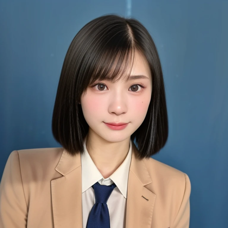 (kawaii 24 year-old Japanese girl, Nogizaka idol, Korean idol), (glossy black hair, short bob, hair length must be even and symmetric:1.3), (rounded face, single eyelid, no makeup, serious expression:1.2), (wearing suit jacket, collared shirt, necktie:1.3), (extra small :0.9), (looking at viewer:1.2), BREAK, (simple blue background, yearbook background:1.3), (portrait, id photo, bust shot, view from vertically straight forward:1.3), (keep a margin on the top), BREAK, (masterpiece, best quality, photo realistic, official art:1.4), (UHD, 8K quality wallpaper, high resolution, raw photo, golden ratio:1.3), (shiny skin), professional lighting, physically based rendering, award winning, (highly detailed skin, extremely detailed face and eyes), Carl Zeiss 85 mm F/1.4, depth of field, 1girl, solo,
