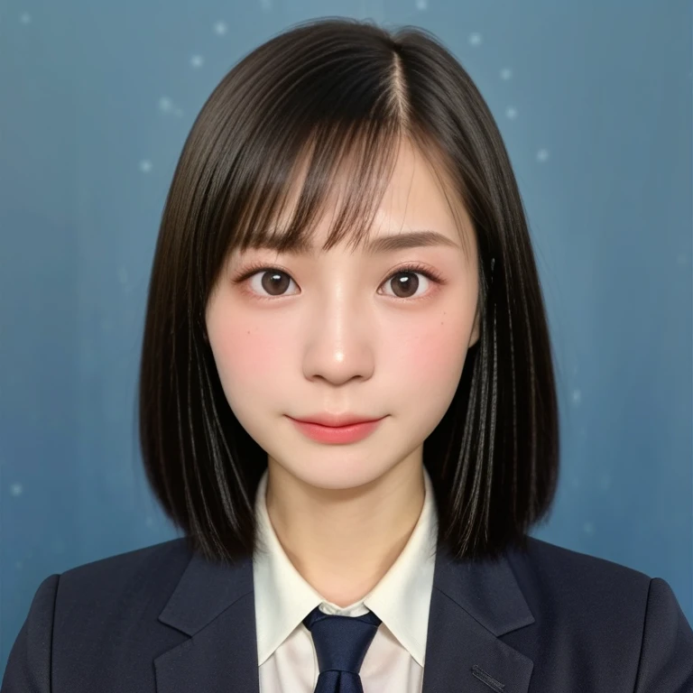 (kawaii 24 year-old Japanese girl, Nogizaka idol, Korean idol), (glossy black hair, short bob, hair length must be even and symmetric:1.3), (rounded face, single eyelid, no makeup, serious expression:1.2), (wearing suit jacket, collared shirt, necktie:1.3), (extra small breasts:0.9), (looking at viewer:1.2), BREAK, (simple blue background, yearbook background:1.3), (portrait, id photo, bust shot, view from vertically straight forward:1.3), (keep a margin on the top), BREAK, (masterpiece, best quality, photo realistic, official art:1.4), (UHD, 8K quality wallpaper, high resolution, raw photo, golden ratio:1.3), (shiny skin), professional lighting, physically based rendering, award winning, (highly detailed skin, extremely detailed face and eyes), Carl Zeiss 85 mm F/1.4, depth of field, 1girl, solo,