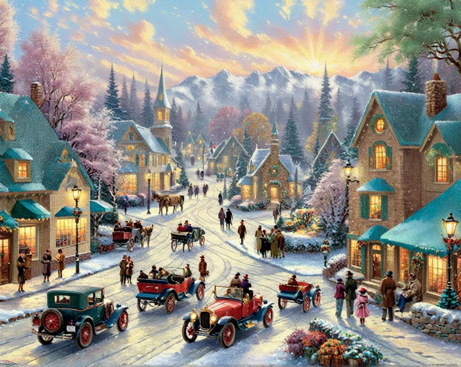 a painting of a street scene with a car and people 1920's art deco style, thomas kinkade cfg _ scale 9, 4 k matte thomas kinkade, thomas kinkade cfg _ scale 8, thomas kinkade painting, thomas kinkade style painting, thomas kinkade and paul lehr, warm beautiful scene, style of thomas kinkade, style thomas kinkade, scenery artwork