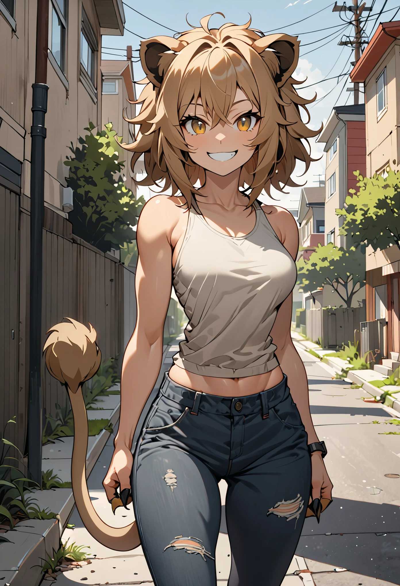 solo female, lion girl, lion ears and tail, short wild sandy hair, hazel eyes, fit, broad shoulders, narrow waist, curvaceous, tomboy, smile, furry claws, medium shot, casual clothes, sidewalk, rundown suburbs, street, summer