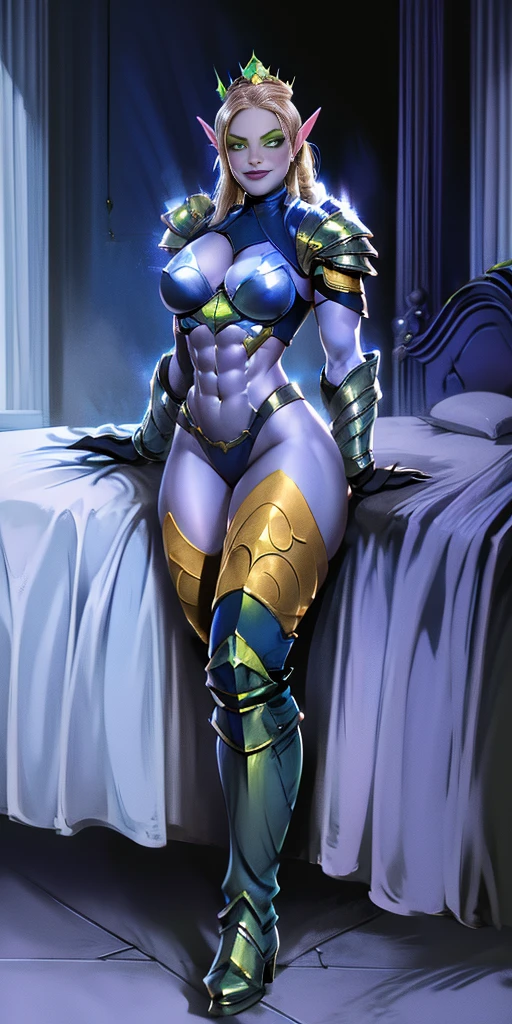 Lancer Artoria body (Alexis Texas Face), elegant adult female, blonde, green eyes (yellow eyelashes) crown, turtleneck, full body sitting on a bench, showing ass to me, BLUE breastplate, BLUE skin (1SologirlBLUE skin:1.2, DROW ELF FEMALE) looking at viewer, shiny, armor, thigh highs, high boots, pauldrons shoulder armor, faulds, poleyn, BLUE gloves gauntlets, rerebrace, BLUE military armored boots, yordle muscular lean platinum blonde long twin tails hairstyle at the bedroom lustful smirking smile face red blushed, blush, strong abs, female body builder, tiara, twin drills hair (masterpiece, best quality, ultra detailed, best shadow)