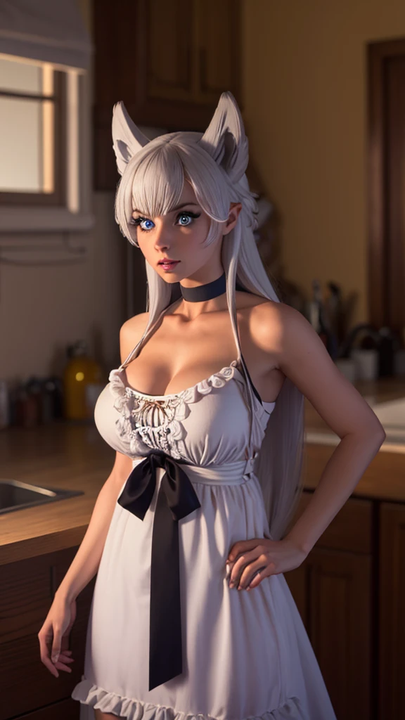 a sexy woman with large breasts, wolf ears, white hair, blue eyes, fluffy tail, wearing a white dress with a black bow ribbon, beautiful detailed eyes, beautiful detailed lips, extremely detailed eyes and face, long eyelashes, photorealistic, 8k, highres, masterpiece, ultra-detailed, realistic, vivid colors, dramatic lighting, fantasy, digital art, concept art, cinematic lighting