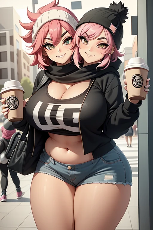 2heads, tall chubby woman with 2 heads. In a university. Short messy pink hair. Wearing a beanie. Wearing a cozy plaid hoodie, cleavage. Wearing leggings. Carrying a coffee. Many piercings and tattoos. Eyeliner, baggy eyes. Mature, tall. Smirking, happy. Spunky.