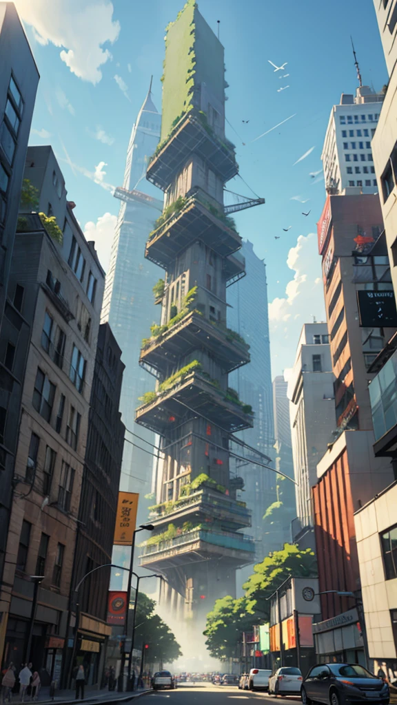 Giant beanstalk in the middle of buildings in New York 