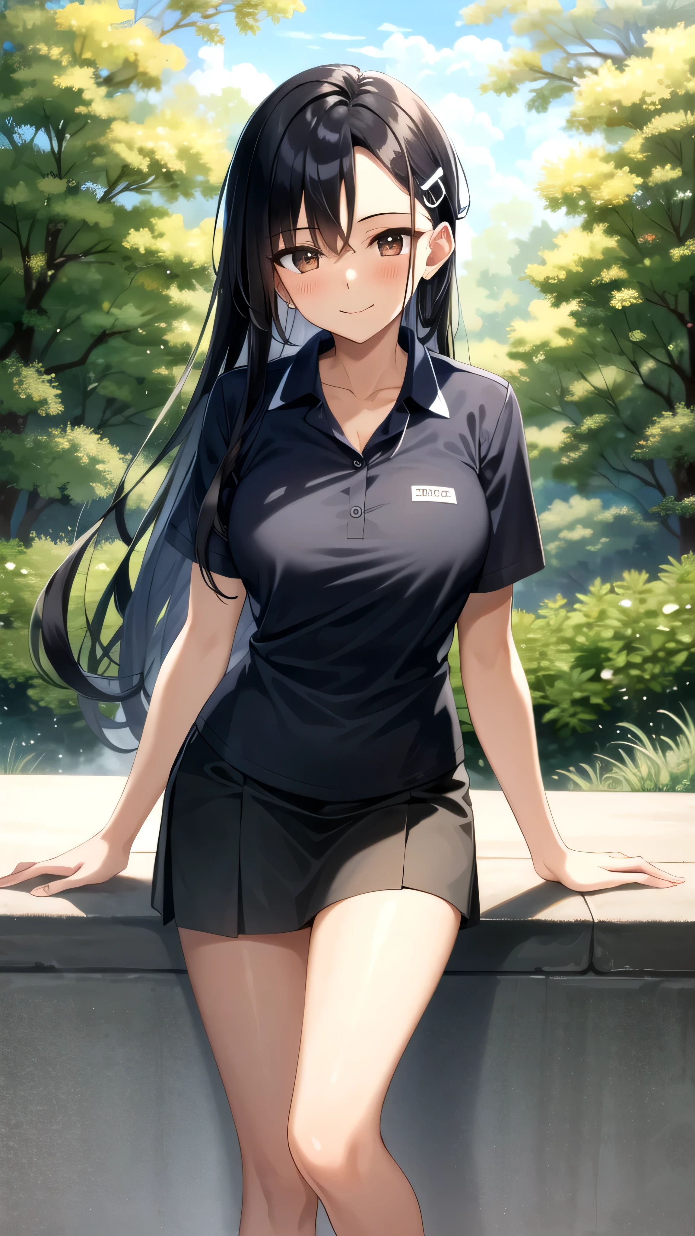 ((best quality)), ((masterpiece)), (details), one girl, sexy ((best quality)), ((masterpiece)), (details), one girl, sexy ((best quality)), ((masterpiece)), (details), one girl, full body, sexy expensive body, expensive, long legs, mature woman, mature, adult, it_nagatoro_main, Hayase Nagatoro, one girl, blushing, alone, uniform polo shirt, short sleeves, black hair,brown eyes, hair accessory, looking at viewer, hair clip, smiling, long hair, dark skinned woman, dark skin, , bangs, daytime, skirt, collared shirt, collarbone, ear clip, mouth closed, tree, asymmetrical bangs, upper body