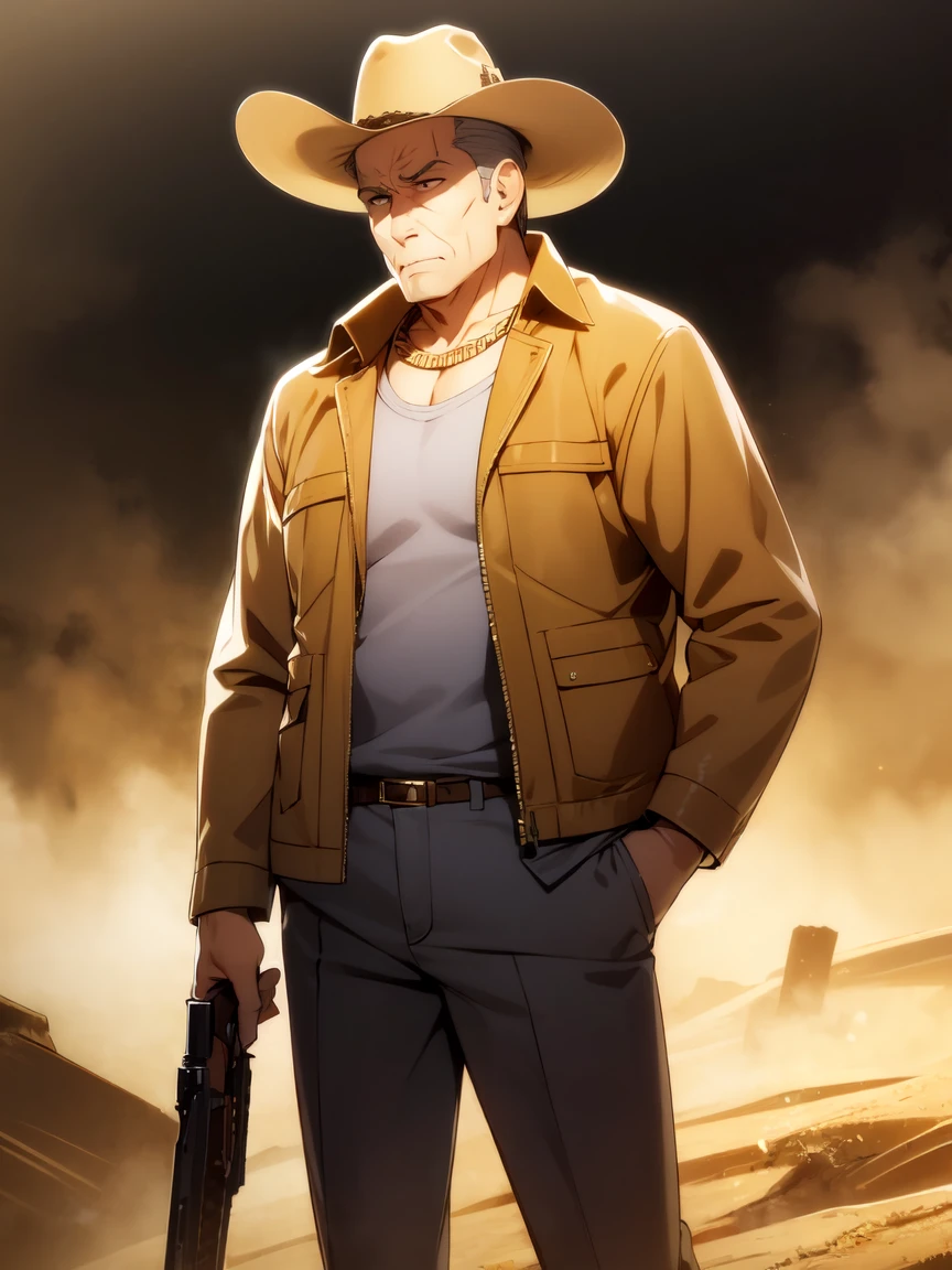 (Ultra-high resolution), (masterpiece), (Attention to detail), (high quality), (最high quality), One Man, (Teppei Hojo), Middle-aged men, elder, Blonde, (Iris), Chin, Gold Necklace, (Western Cowboy), (fringed leather jacket), straw hat, Chaps, Western Boots, big buckle belt, Showdown scene in the wilderness, Cowboy standing in the dust, The moment he was about to pull out his gun, Dust in the wind