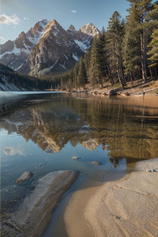 (masterpiece:1.3), (8 K, photorealistic, RAW photo, Best quality: 1.4), attractive, ultra high resolution, ultra realistic, very detailed, Golden ratio, Mountain Lake, detailed foreground, which depicts a sandy beach, strewn with shiny wet stones at the water&#39;s edge, Transition to the deep blue hues of pristine lake waters, reflecting the sky above. The composition is framed by majestic mountain peaks, towering in the background, creating a breathtaking backdrop to this picturesque setting. 