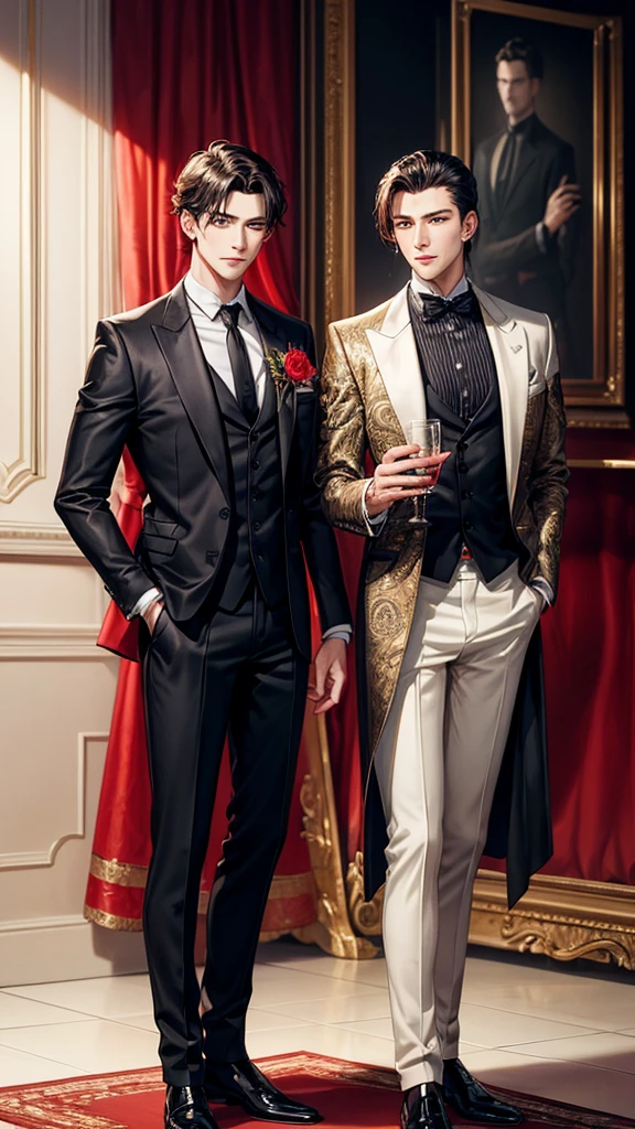 ( ​masterpiece) (fine-detailed) ( GOOD QUALITY)
two mens, sexly, flowers, black and red, two very handsome men, one aged 24, and the other with 22, em um lugar bonito, (They are a couple )