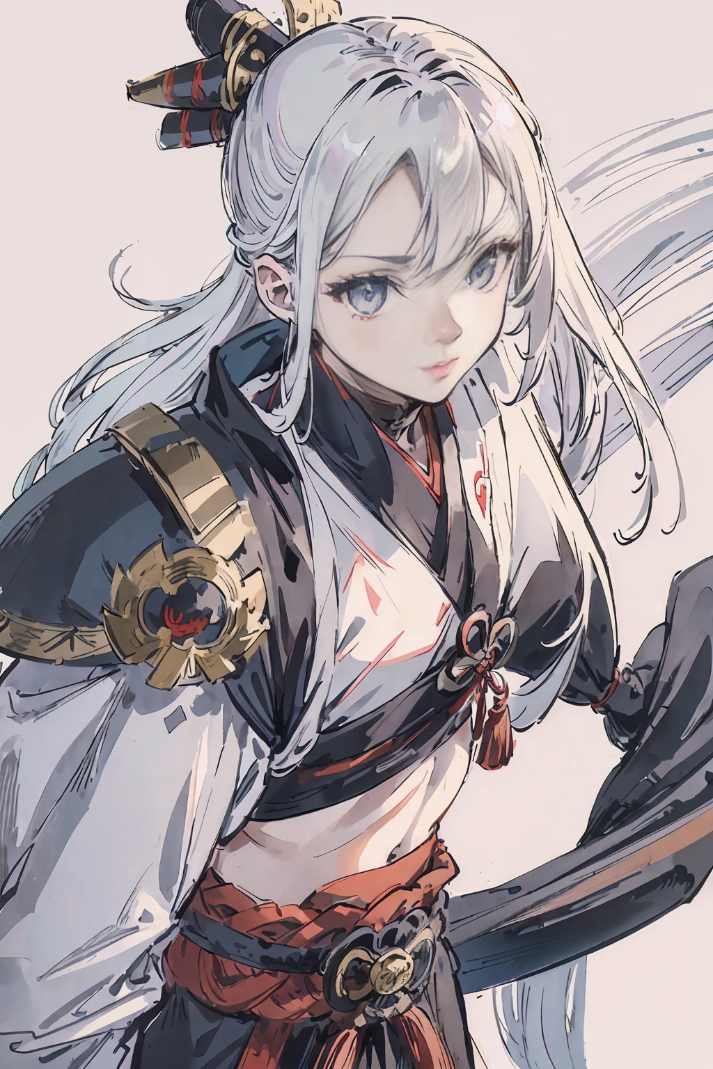 Ninjagirl, a white haired , wearing a black ninja armor, long hair, fasion hair, samurai armor, slim body, shirt ornament, hakama, tall 165cm, 22yearold, samurai, katana, female, beautiful, sexy, wearing ninjamasks