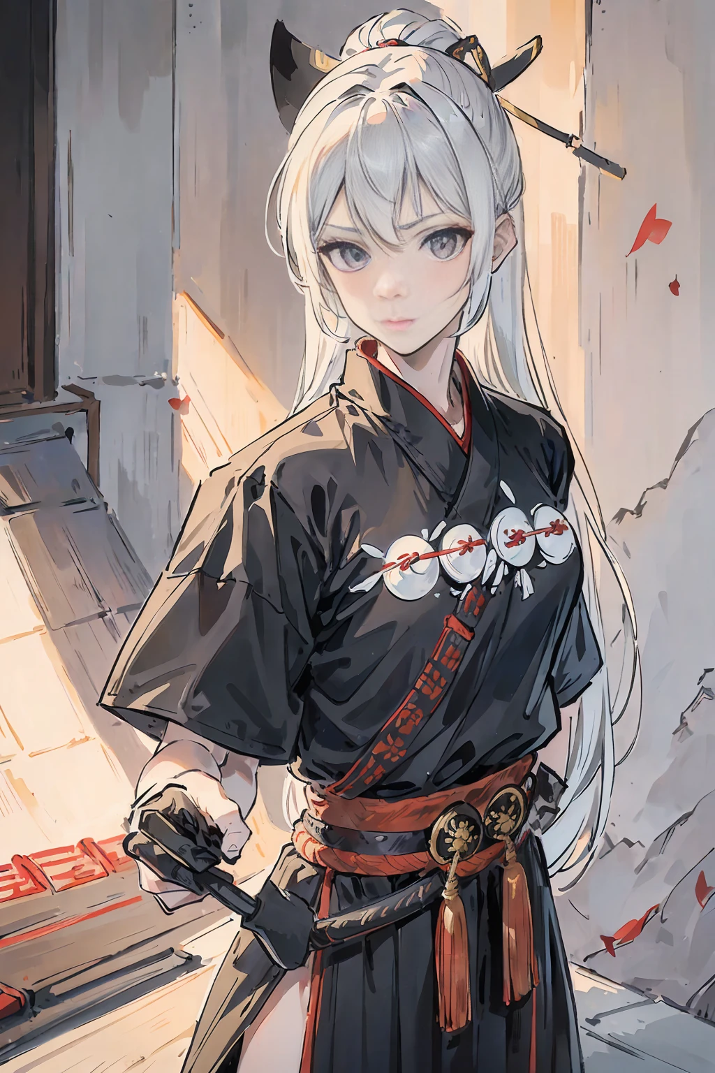 Ninjagirl, a white haired , wearing a black ninja armor, long hair, fasion hair, samurai armor, slim body, shirt ornament, hakama, tall 165cm, 22yearold, samurai, katana, female, beautiful, sexy, wearing ninjamasks