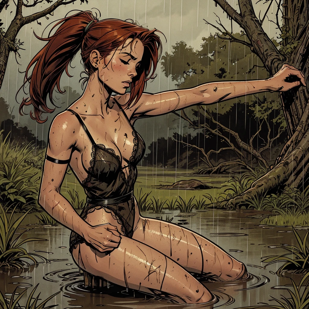 Comic style, solo girl, 1girl, Drowned in quicksand, swamp, bog, grass, tree, wearing black lingerie, orgasming, head tilted up, eyes closed, from side, blushing, muddy, messy, dirty, overcast weather, rain, red hair, Ponytail,