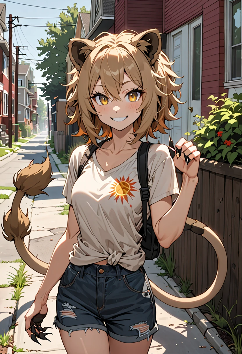 solo female, lion girl, lion ears and tail, short wild sandy hair, hazel eyes, fit, broad shoulders, narrow waist, curvaceous, tomboy, smile, furry claws, medium shot, casual clothes, sidewalk, rundown suburbs, north American backstreet, hot summer,