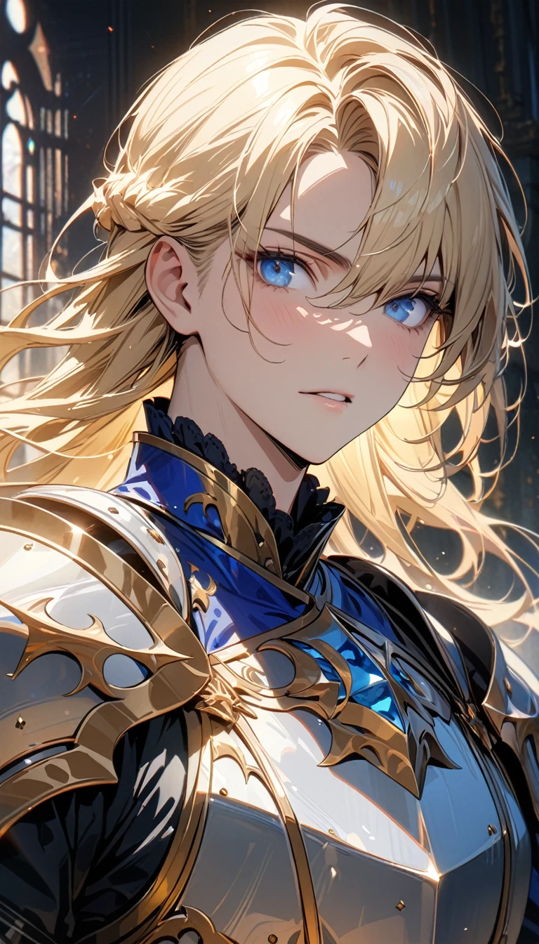 Adult male, long blonde hair, beautiful face, blue eyes, prince, knight armor, Masterpiece, best quality, Full HD, 8k, ultra details, great graphic
