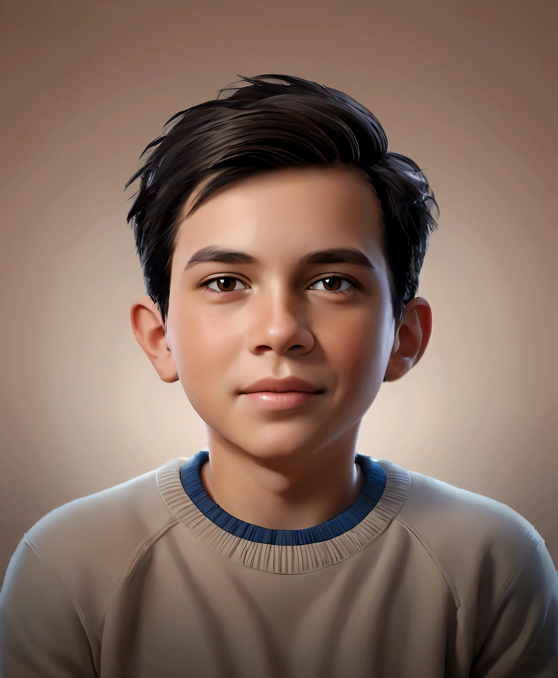 A 10-year-old , with short brown hair, Round face, round face with charming smile, and brown eyes