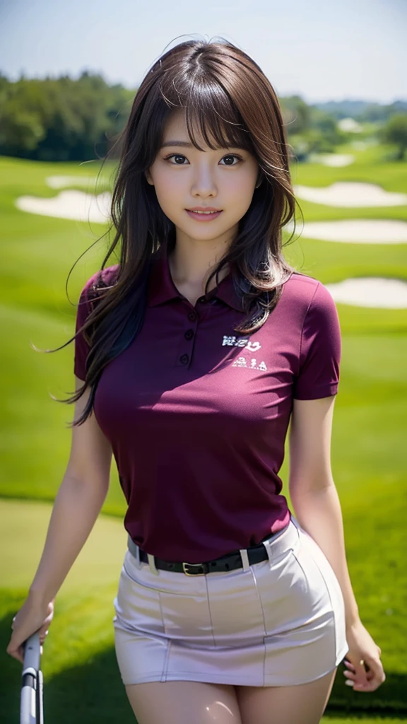 masterpiece, Highest quality,16K, Ultra-high resolution,The light and shadow of reality,Cinema Lenses,(((Black Mini Skirt))),(((Dark pink polo shirt))),((At the golf course))((Her whole body is sexy and her style is outstanding.)),((Very skinny)),((Very firm and shapely beautiful large breasts)),((Her waist is so slim and beautiful)),((Very slim and long beautiful thighs)),((Very slim and long beautiful calves)),((High nose、Small Mouth)),((Clean and slim face line)),((Big dark eyes with long eyelashes)),((Very small face))((Very slim and beautiful arms)),((She is very slim and has a great figure)),((Pure white beautiful skin)),((Cute Japanese Girls)),(Beautiful Eyes:1.1),,Reflecting clear eyes and a gentle smile,
