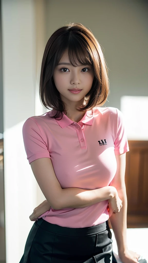 masterpiece, Highest quality，16K, Ultra-high resolution，The light and shadow of reality，Cinema Lenses,(((Black Mini Skirt))),(((Dark pink polo shirt))),((At the golf course))((Her whole body is sexy and her style is outstanding.)),((Very skinny)),((Very firm and shapely beautiful large breasts)),((Her waist is so slim and beautiful)),((Very slim and long beautiful thighs)),((Very slim and long beautiful calves)),((High nose、Small Mouth)),((Clean and slim face line)),((Big dark eyes with long eyelashes)),((Very small face))((Very slim and beautiful arms)),((She is very slim and has a great figure)),((Pure white beautiful skin)),((Cute Japanese Girls)),(Beautiful Eyes:1.1)，,Reflecting clear eyes and a gentle smile,