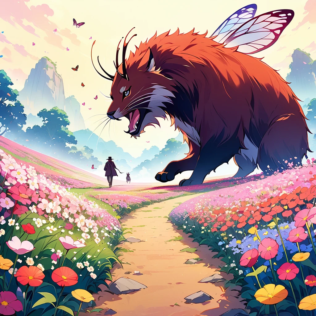 anime、Highest quality、High resolution、Detailed Background、Mr.々Animals are walking、Mr.々An insect is walking、The background is a flower field