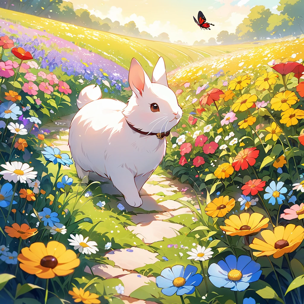 anime、Highest quality、High resolution、Detailed Background、Mr.々Animals are walking、Mr.々An insect is walking、The background is a flower field