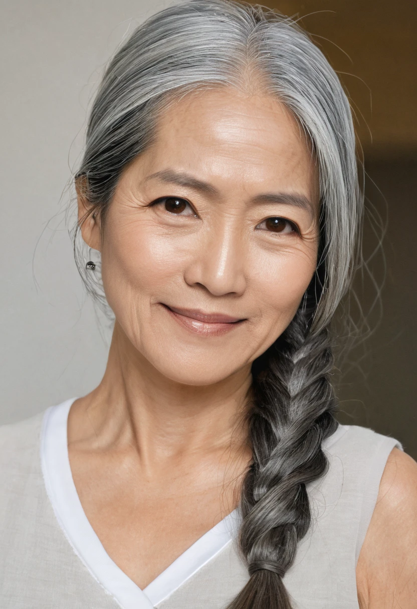photography, front view, head and shoulders shot, portrait, one female, solo, Uzaki_Tsuki, a woman of venezuelan and japanese heritage, long hair, braid over one shoulder, silver hair, gray hair, eyes barely open, 43 years old, tan, tan skinned