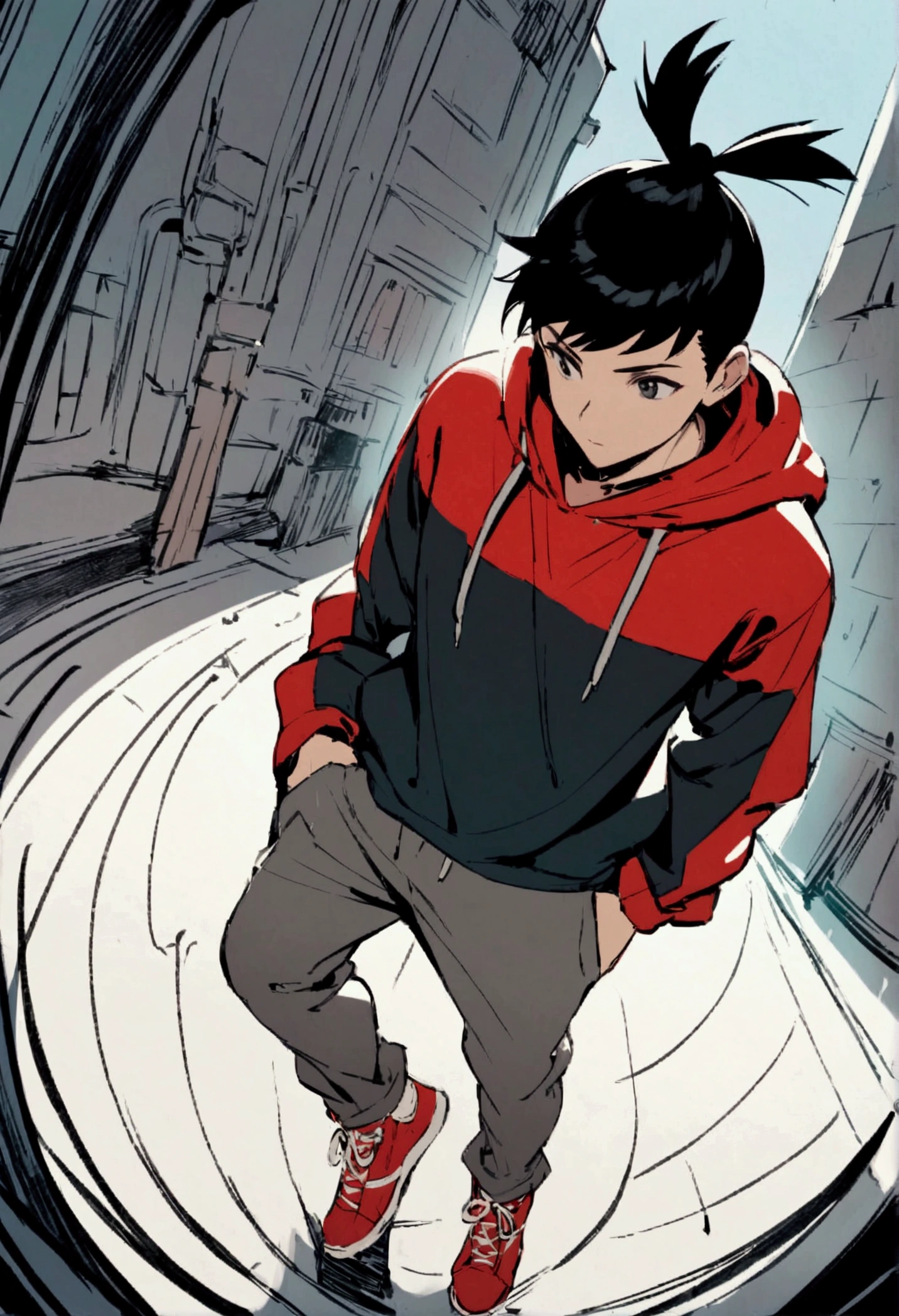 male character full body black hair with topknot hooded sweatshirt gray pants red sneakers perspective drawing