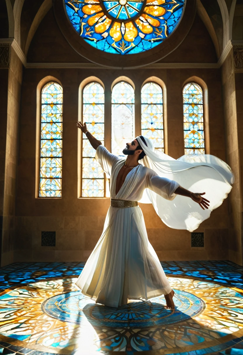 stunning photography of a handsome hunk arab men, with a long veil with intricate details,((loincloth)),((he is spinning)),extended arms, in a beautiful rounded stained glass floor,((massive white birds flying around him)),a oniric blue sky,dreamy atmosphere,dynamic shadows,warm contrast,cinematic,masterpiece,trending on pinterest