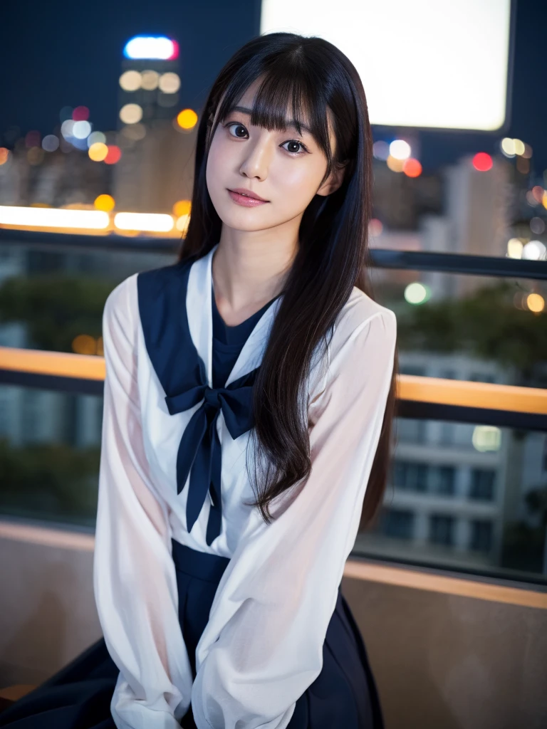 Moeko Yuki,High resolution, beautiful girl, Black Hair, Long Hair, Sailor suit, Chest exposed, Night view, Urban Department, rooftop