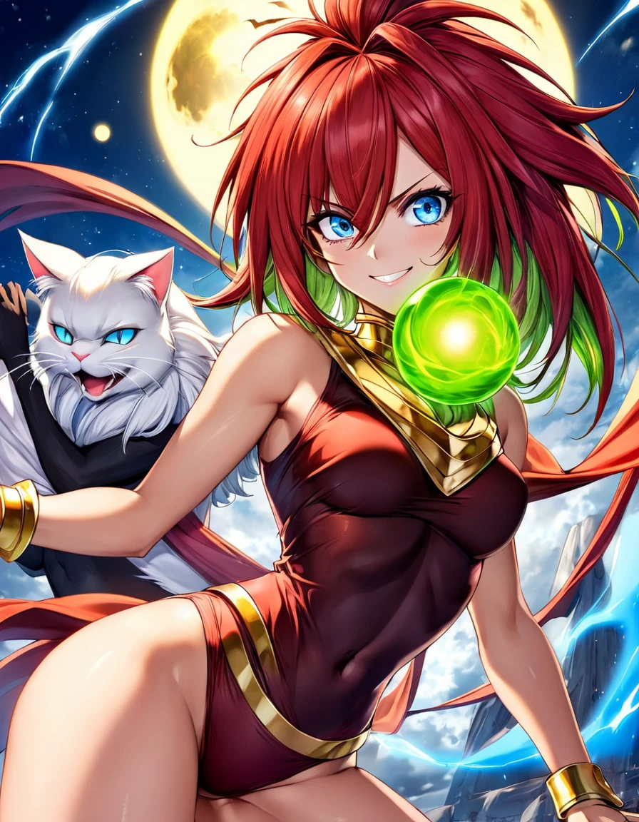 atmosfera sombria sangrenta e uma lua grande e vermelha ao fundo, girl sexy lendario broly dbz, Short moicano, red gold hair, blue big eyes, smiling Cat-like power fênix negra woman, Mysterious in anime death note