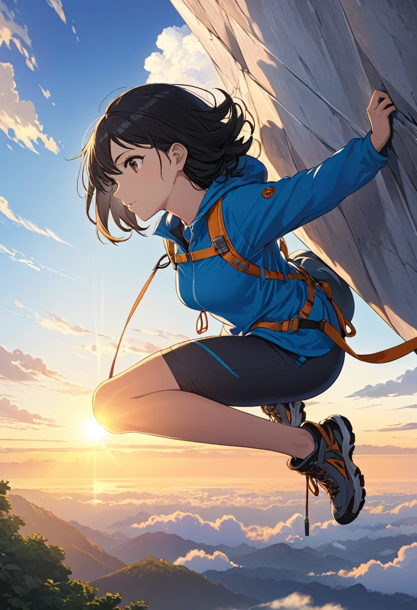 Sunrise, (Girl in climbing clothes:1.2), Black Hair, Pull composition, whole body, Detailed face, Vision, morning, Detailed Clouds,
