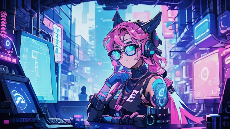"Make futuristic logo for a twitch channel should contains "bakadude". should be glowing in pink and bleu like a neon arcade sign in the sytle of cyberpunk"dystopian japanese city with neon lights viewed from a window in side a gaming room with a desktop pc and "cute anime girl with fox pink hair ears a headphone wearing glasses sitting in a gaming chair punk dress purble style clothing cyberpunk snytwave vaporeware 