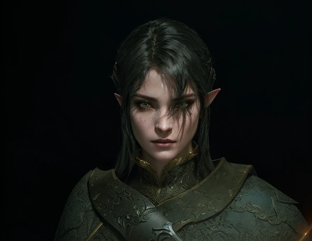 Arafed image of a woman with a sword in a dark room, Character up close, female character, highly detailed character, female main character, close do personagem, Character up close, complete cinematic character, realistic face moody lighting, portrait of a female magician, hyperdetailed fantasy character, a portrait of a male elf