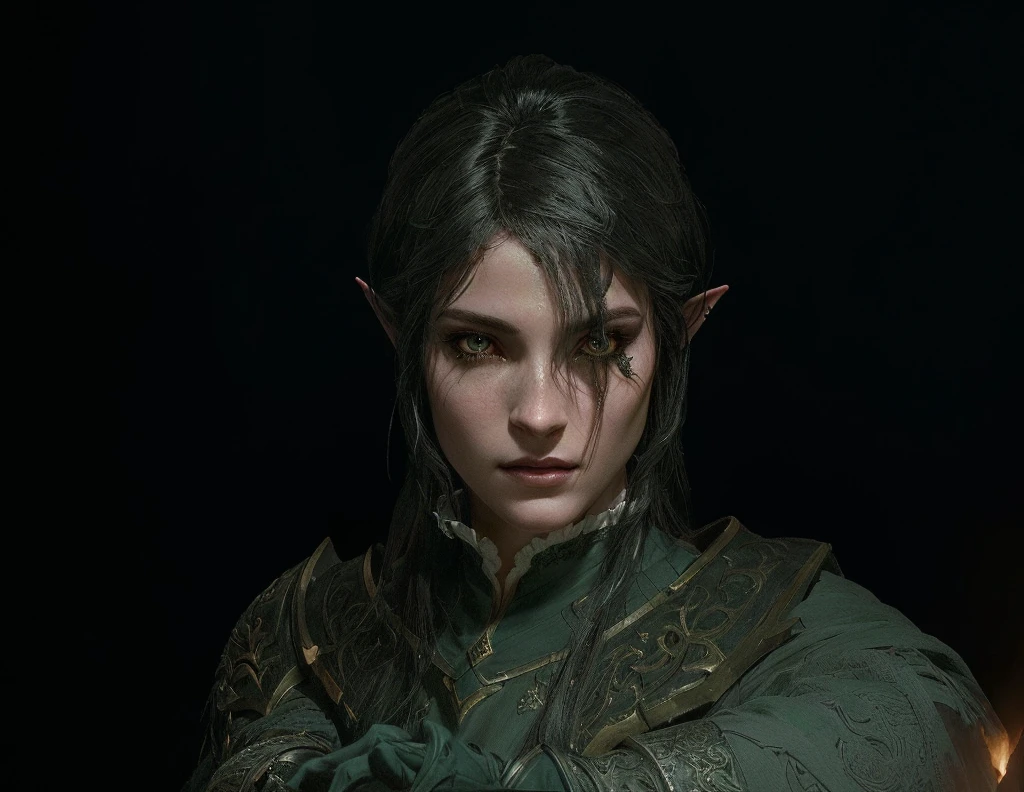 Arafed image of a woman with a sword in a dark room, Character up close, female character, highly detailed character, female main character, close do personagem, Character up close, complete cinematic character, realistic face moody lighting, portrait of a female magician, hyperdetailed fantasy character, a portrait of a male elf