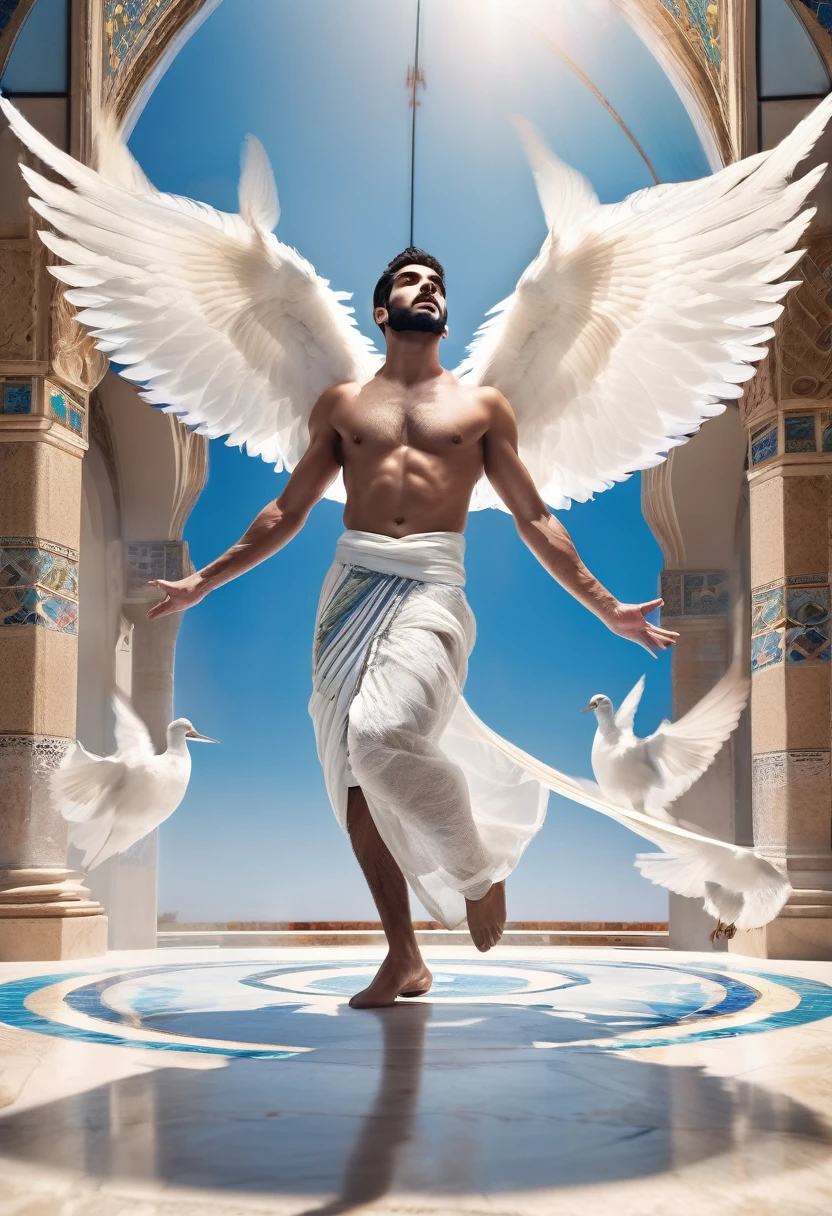 stunning photography of a handsome hunk arab men, with a long veil with intricate details,((loincloth)),((he is spinning)),extended arms, in a beautiful rounded stained glass floor,((massive white birds flying around him)),a oniric blue sky,dreamy atmosphere,dynamic shadows,warm contrast,cinematic,masterpiece,trending on pinterest