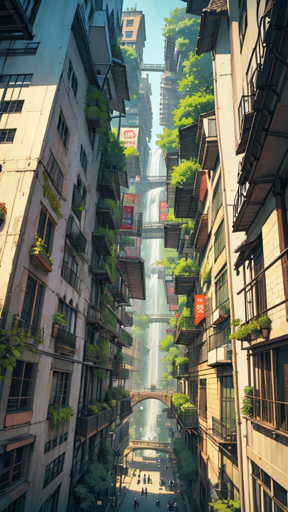 Giant beanstalk in the middle of buildings in New York View from above of the beanstalk in perspective ,